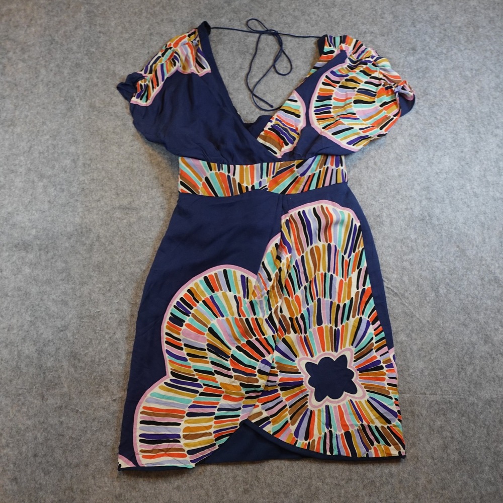 Tibi Dress Women XS/S? Blue Silk Abstract Print VNeck Short Sleeve Mini Double V